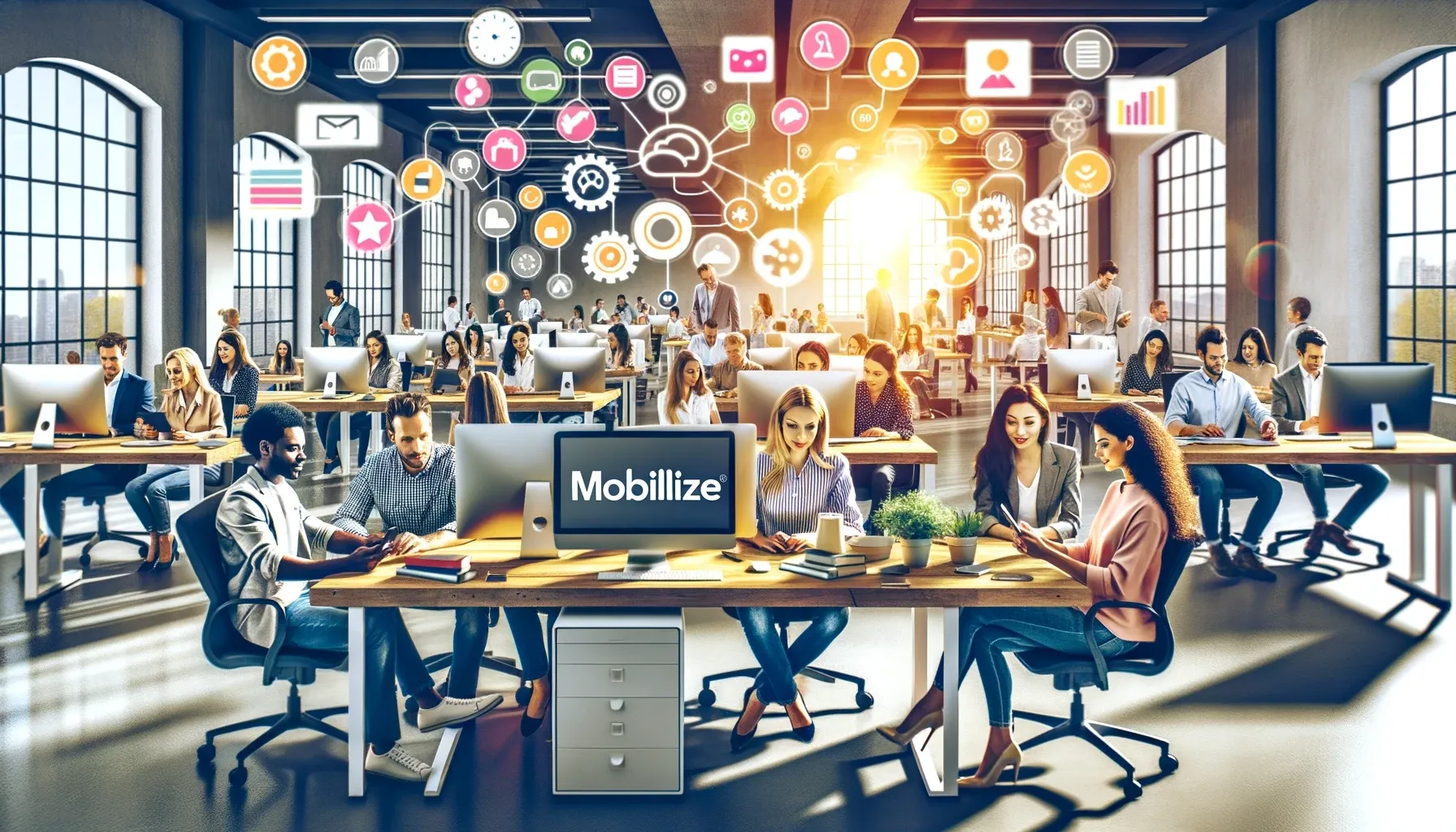 Diverse team engages with Mobilize CRM, showcasing its comprehensive features and ease of use in a vibrant, modern workspace.